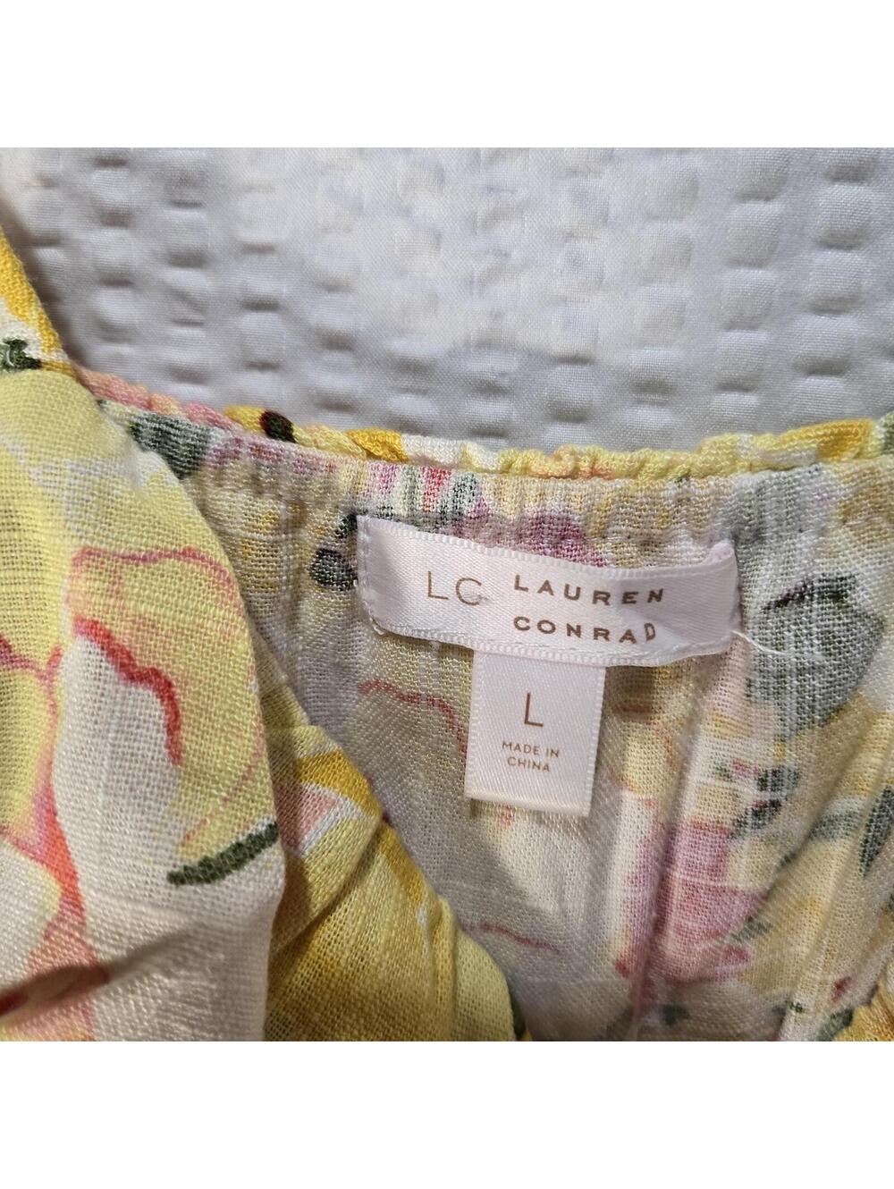 Lauren Conrad Floral Ruffle Sun Dress Large Yellow Rayon Linen Boho Cottagecore - Picture 5 of 6